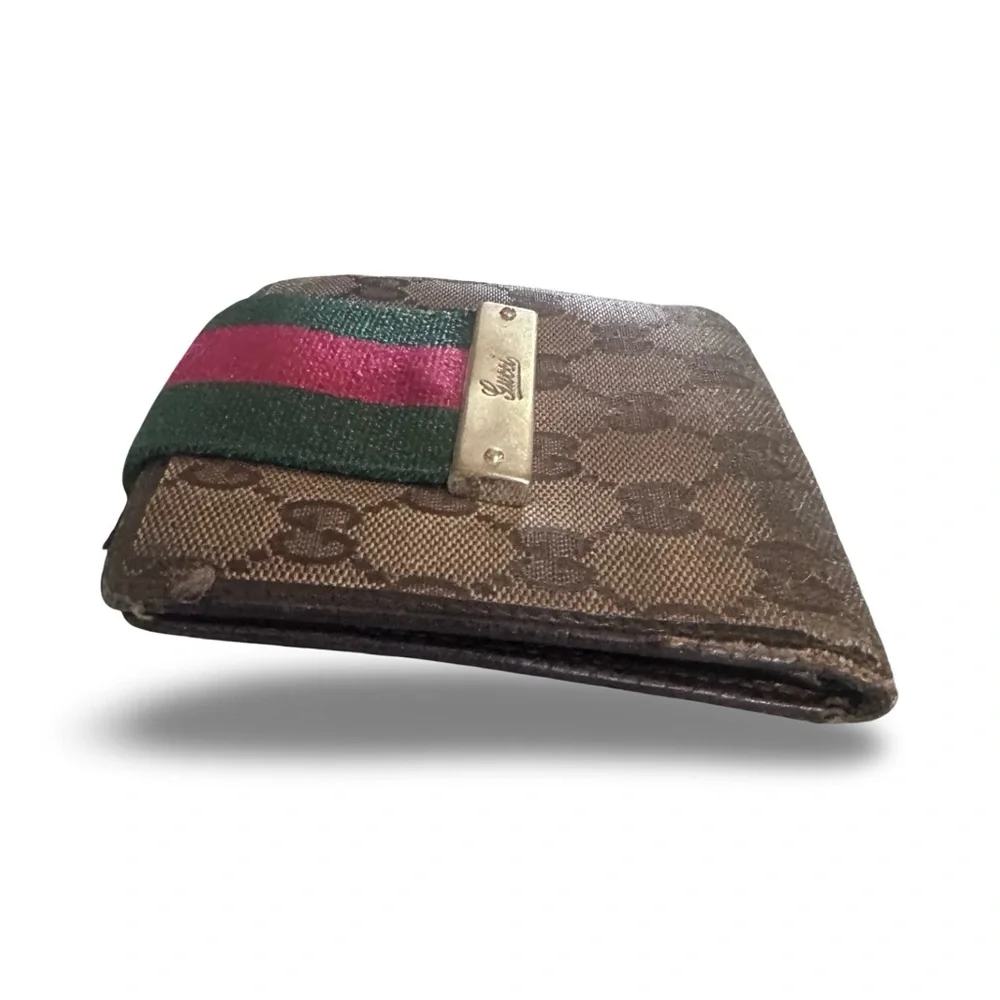 Gucci Sherry Line Red/Green Stripe GG brown canvas leather wallet with dust bag - Picture 8 of 13